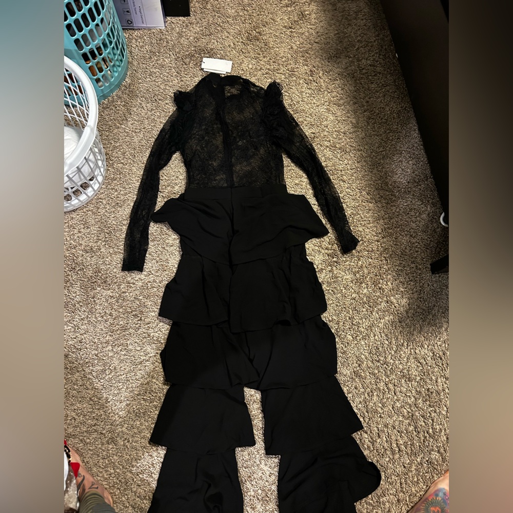 Hot Miami Styles Black Ruffled Lace Jumpsuit
